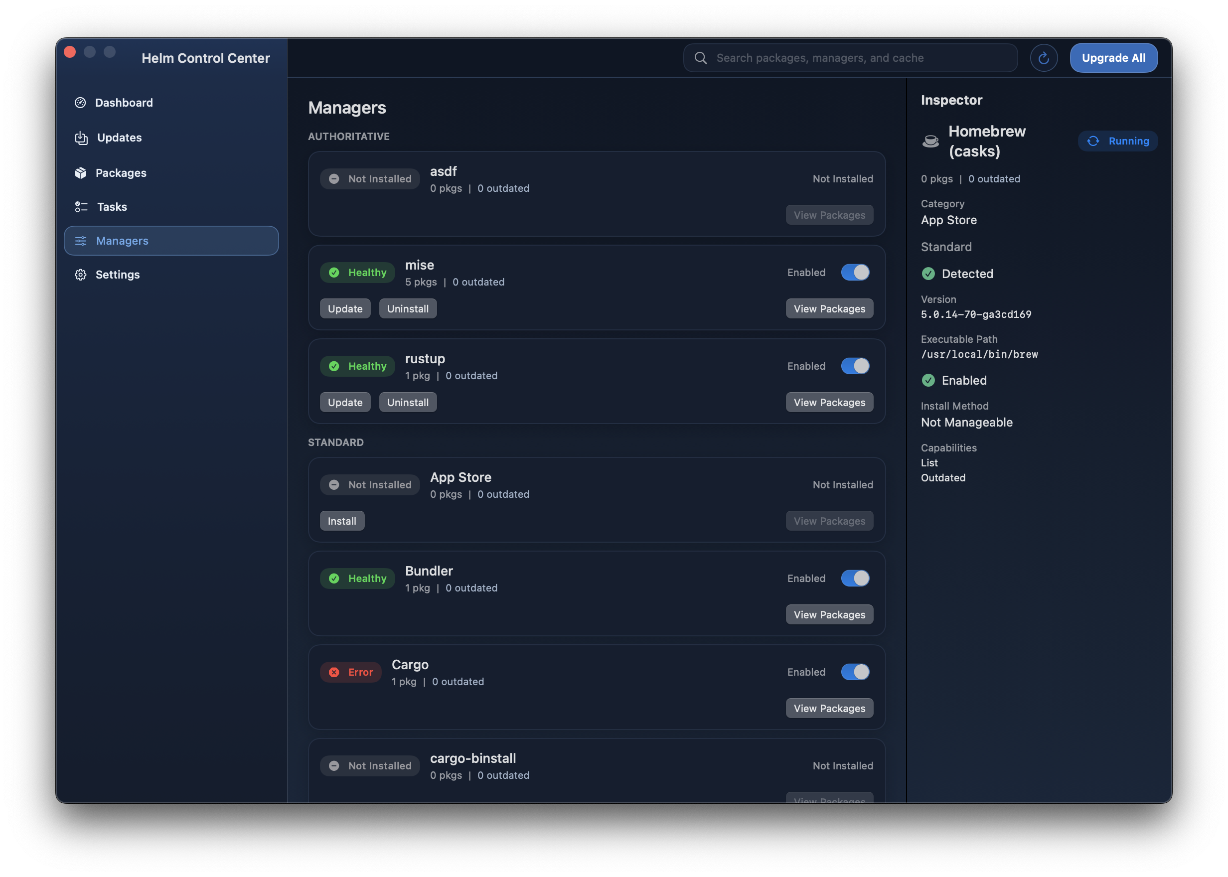 Managers tab showing health badges across package managers.