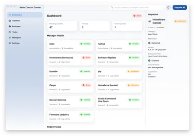 Helm Control Center showing manager and package status.